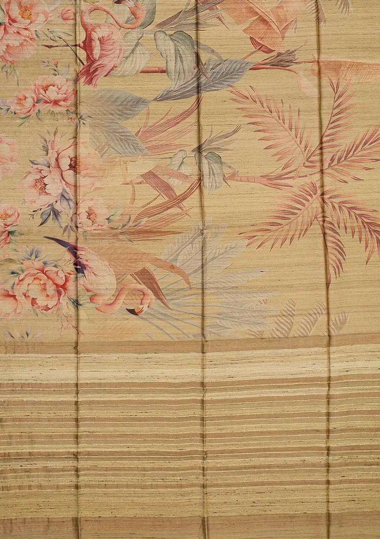 Taupe Handloom Tussar Silk Saree With Printed Crane Motifs Taupe For Women - Indya