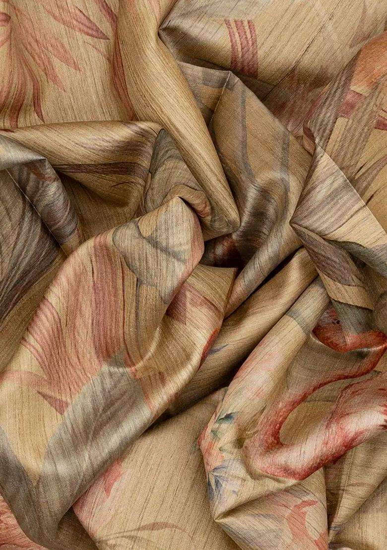 Taupe Handloom Tussar Silk Saree With Printed Crane Motifs Taupe For Women - Indya