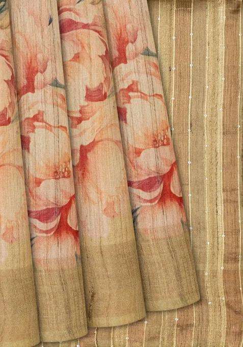 Taupe Handloom Tussar Silk Saree With Printed Crane Motifs Taupe For Women