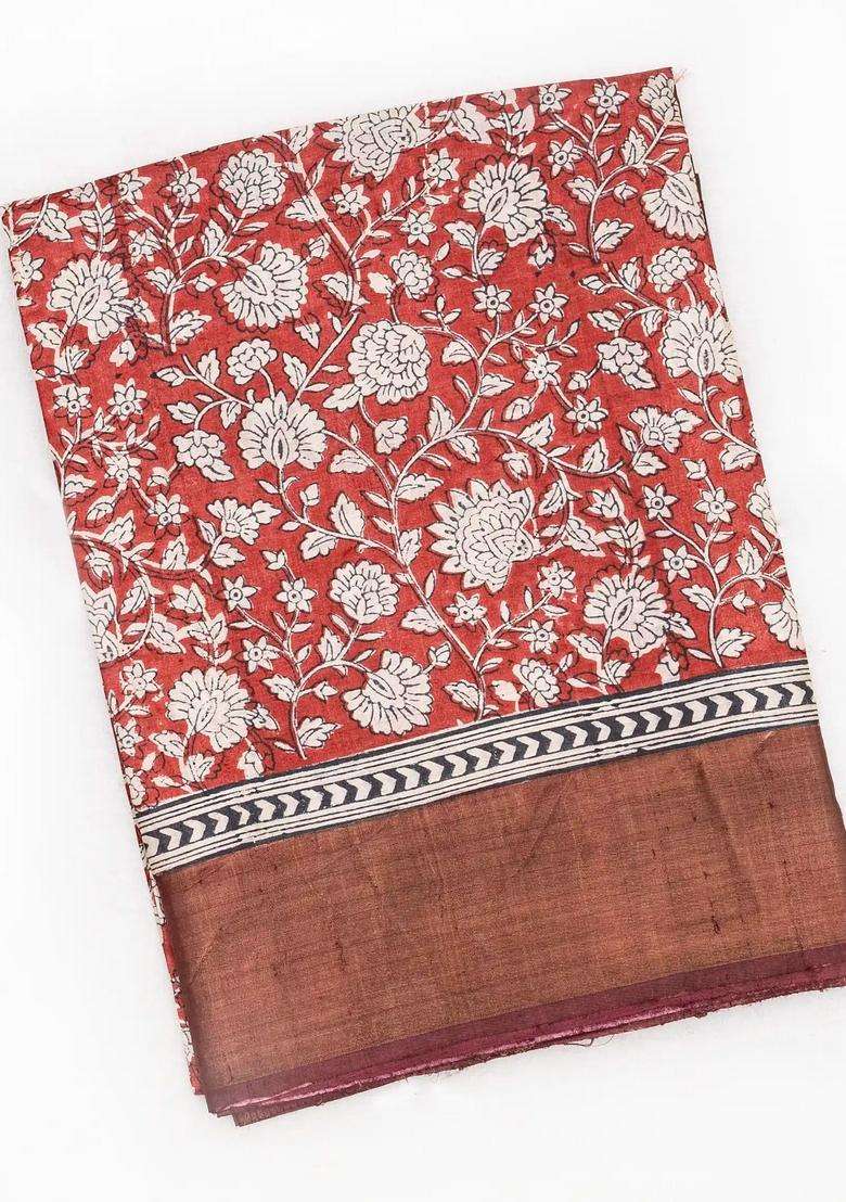 Peach Handloom Tussar Silk Saree With Printed Floral Vine Motifs Peach For Women - Indya