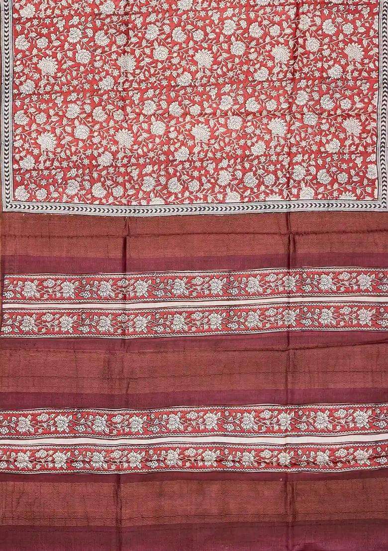 Peach Handloom Tussar Silk Saree With Printed Floral Vine Motifs Peach For Women - Indya