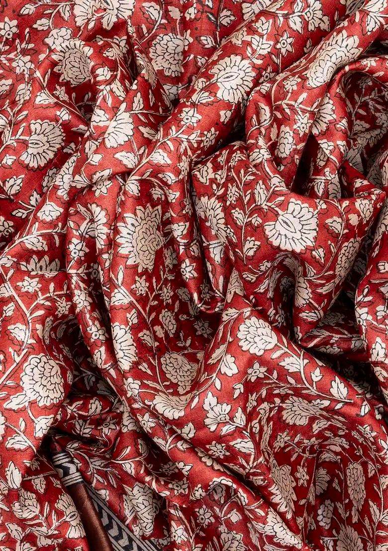 Peach Handloom Tussar Silk Saree With Printed Floral Vine Motifs Peach For Women - Indya