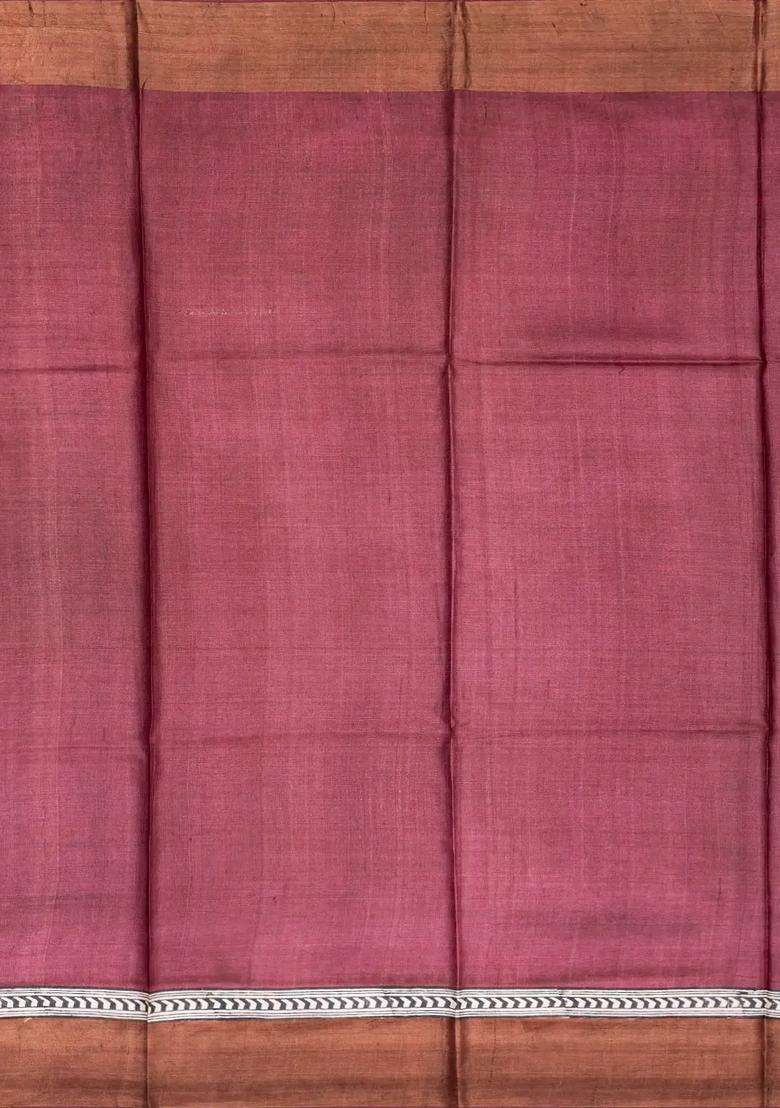 Peach Handloom Tussar Silk Saree With Printed Floral Vine Motifs Peach For Women - Indya