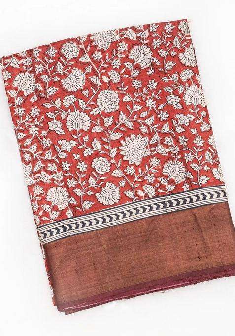 Peach Handloom Tussar Silk Saree With Printed Floral Vine Motifs Peach For Women