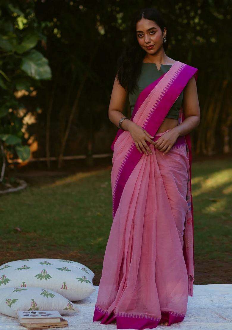 Baby Pink Handloom Uppada Khadi Cotton Saree Baby Pink With Traditional Woven Design For Women - Indya