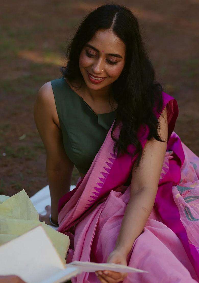 Baby Pink Handloom Uppada Khadi Cotton Saree Baby Pink With Traditional Woven Design For Women - Indya