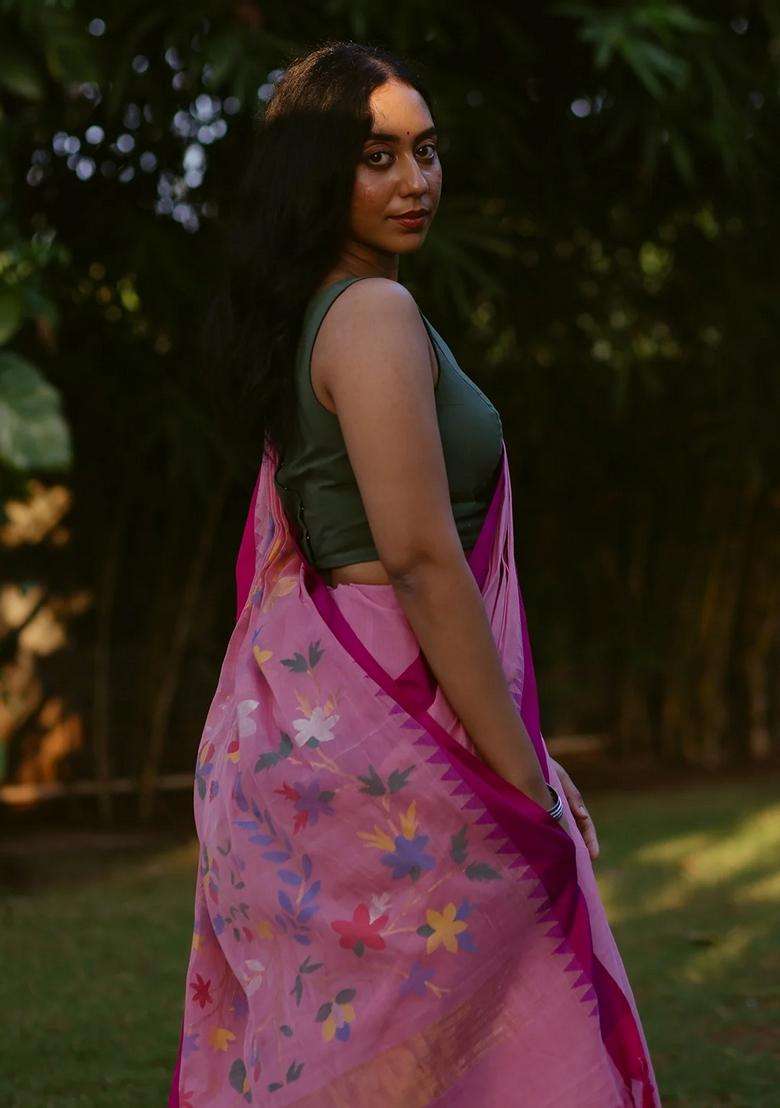 Baby Pink Handloom Uppada Khadi Cotton Saree Baby Pink With Traditional Woven Design For Women - Indya