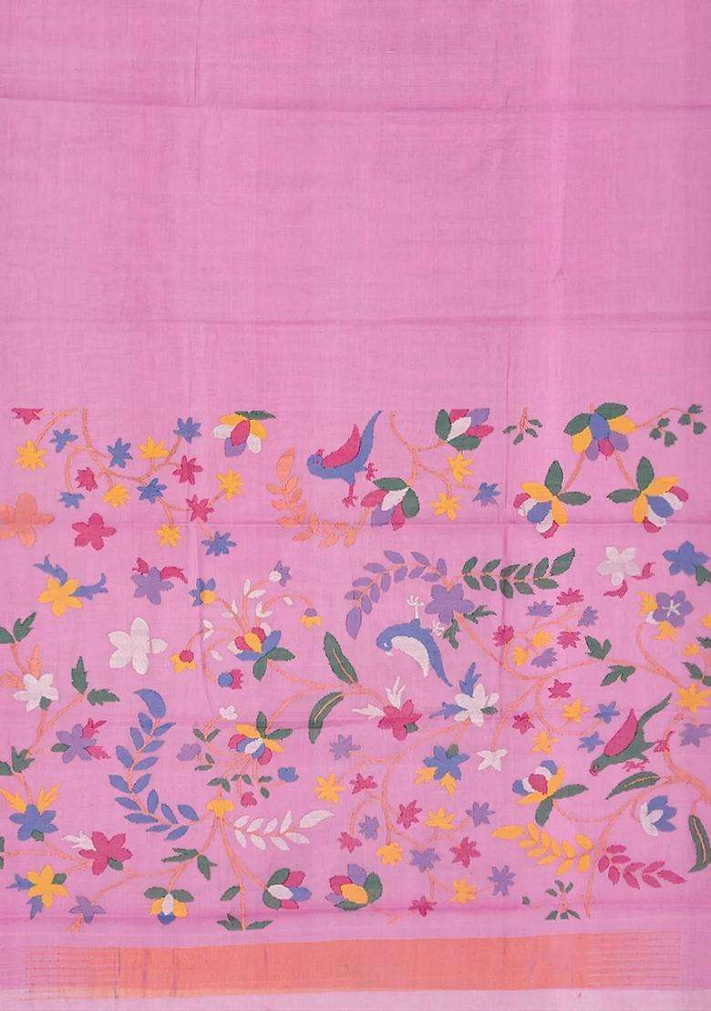 Baby Pink Handloom Uppada Khadi Cotton Saree Baby Pink With Traditional Woven Design For Women - Indya