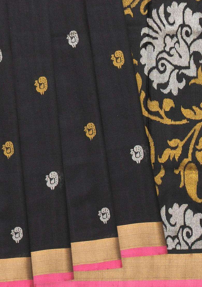 Black Handloom Uppada Silk Saree With Annam Motif Buttas Black With Buttas And Brocade Design For Women - Indya