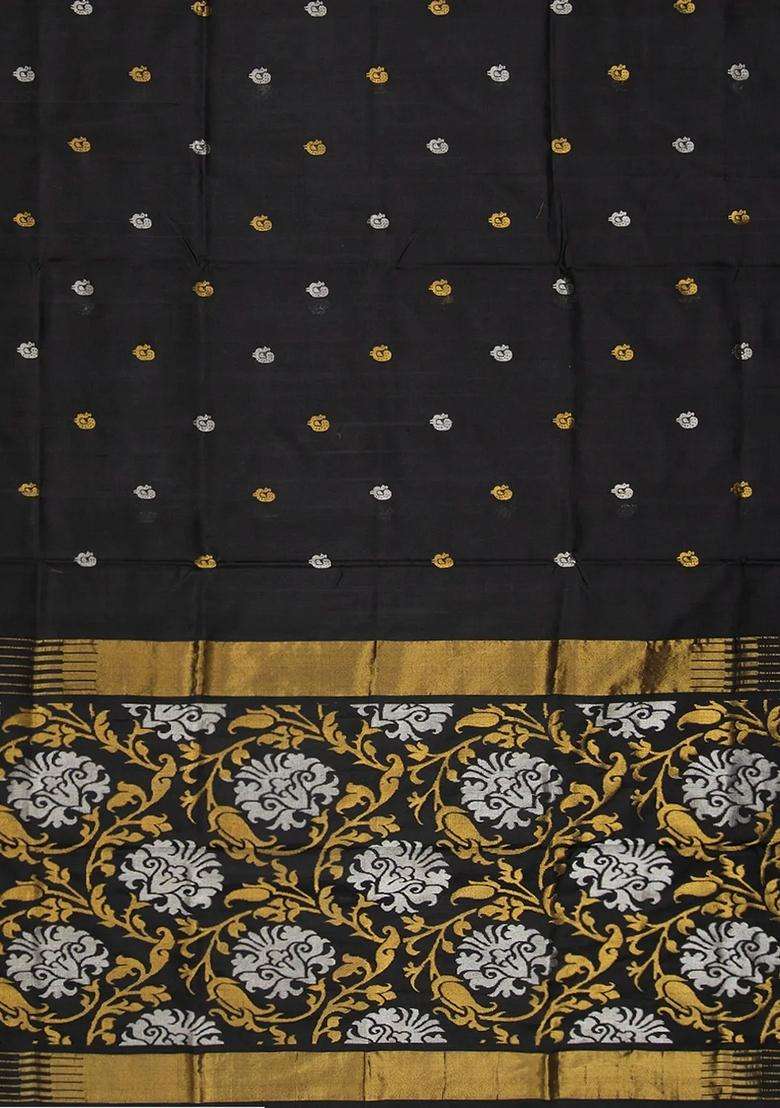 Black Handloom Uppada Silk Saree With Annam Motif Buttas Black With Buttas And Brocade Design For Women - Indya