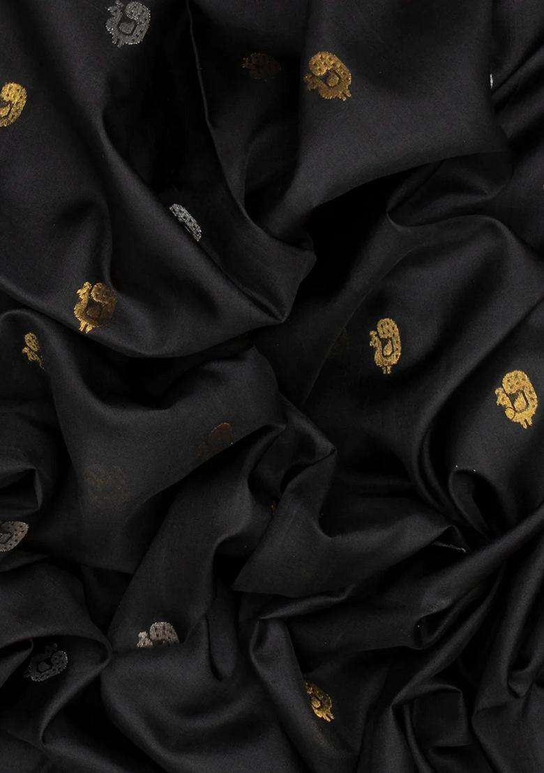 Black Handloom Uppada Silk Saree With Annam Motif Buttas Black With Buttas And Brocade Design For Women - Indya