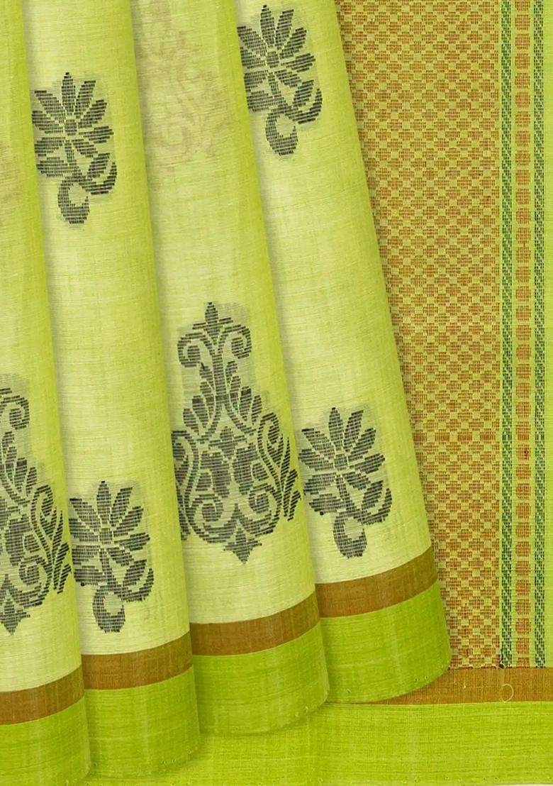 Pista Green Handloom Rasipuram Cotton Saree With Flower Motifs Pista Green With Buttas And Brocade Design For Women - Indya