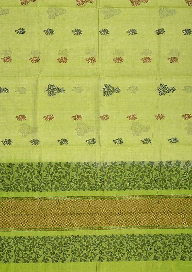 Pista Green Handloom Rasipuram Cotton Saree With Flower Motifs Pista Green With Buttas And Brocade Design For Women - Indya