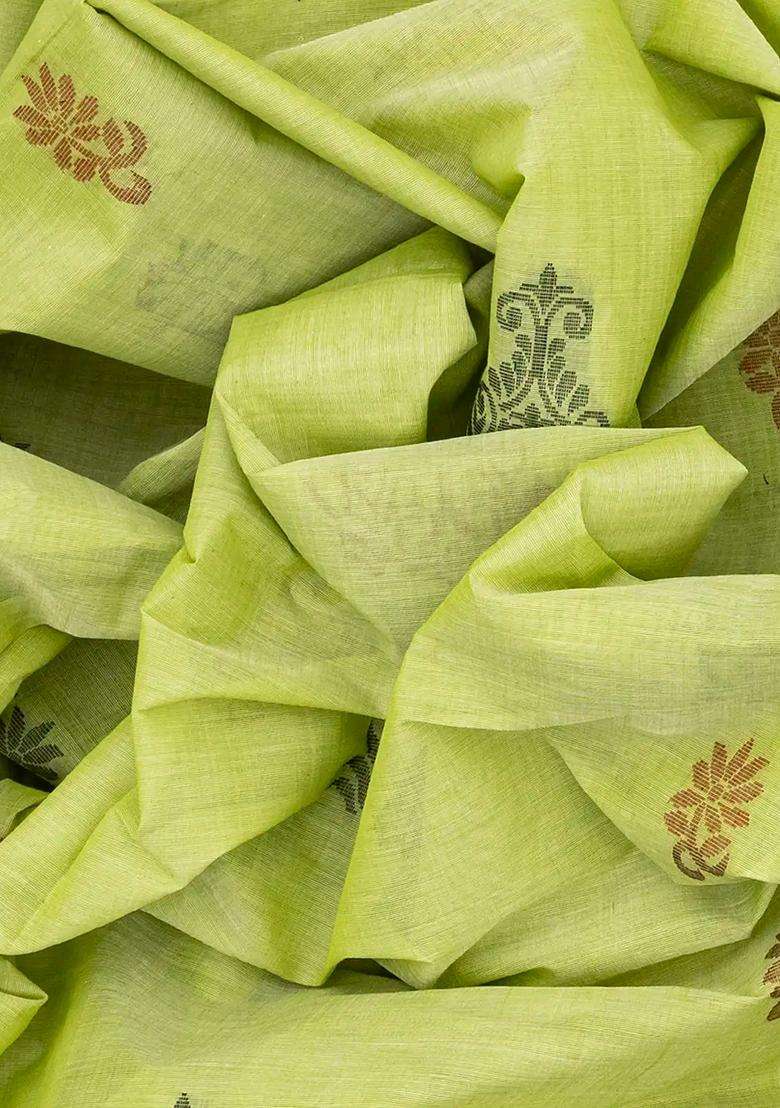 Pista Green Handloom Rasipuram Cotton Saree With Flower Motifs Pista Green With Buttas And Brocade Design For Women - Indya