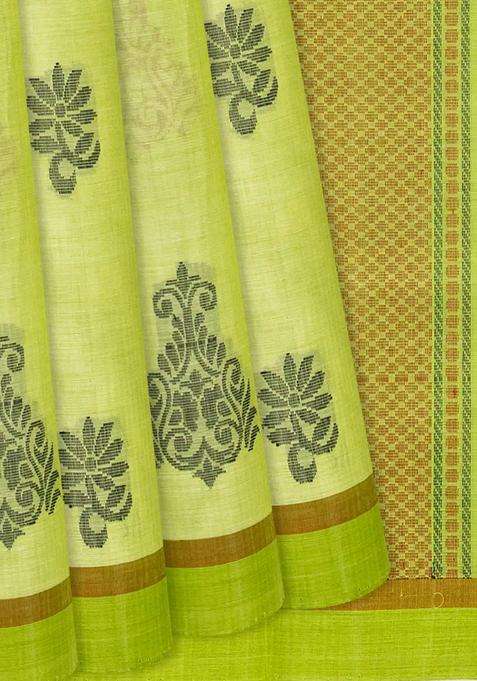 Pista Green Handloom Rasipuram Cotton Saree With Flower Motifs Pista Green With Buttas And Brocade Design For Women