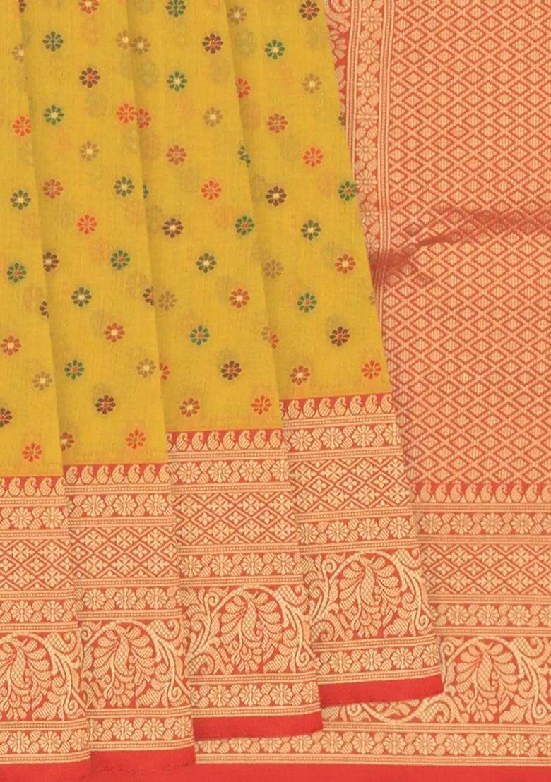 Yellow Blended Pashmina Kani Art Silk Saree With Floral Motifs Red Border Yellow With Buttas And Brocade Design For Women - Indya