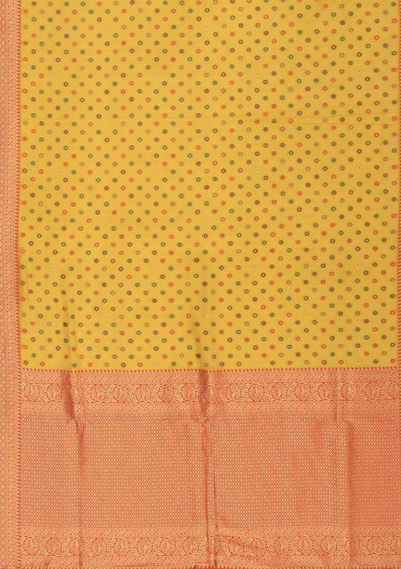 Yellow Blended Pashmina Kani Art Silk Saree With Floral Motifs Red Border Yellow With Buttas And Brocade Design For Women - Indya
