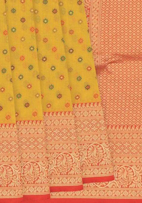 Yellow Blended Pashmina Kani Art Silk Saree With Floral Motifs Red Border Yellow With Buttas And Brocade Design For Women