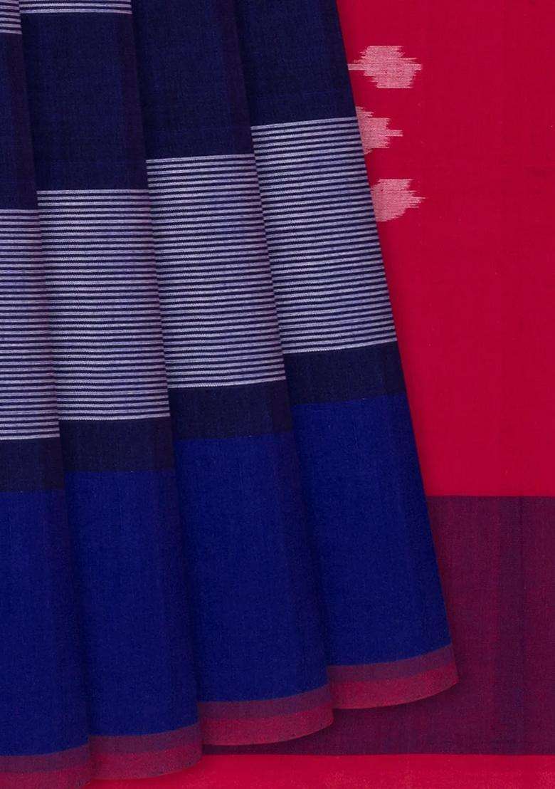 Navy Blue Handloom Orissa Cotton Saree With Tie Dye Motifs Navy Blue With Printed Design For Women - Indya
