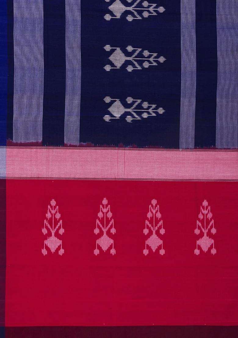 Navy Blue Handloom Orissa Cotton Saree With Tie Dye Motifs Navy Blue With Printed Design For Women - Indya