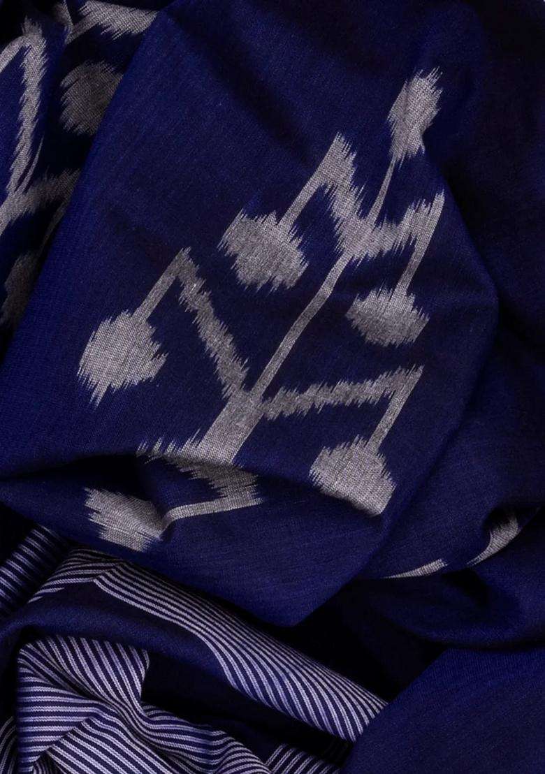 Navy Blue Handloom Orissa Cotton Saree With Tie Dye Motifs Navy Blue With Printed Design For Women - Indya