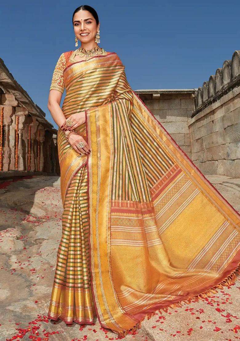 Multi Colour Handloom Natural Dyed Kanchipuram Udal Pettu Revival Silk Saree With Buttas And Brocade Design For Women - Indya