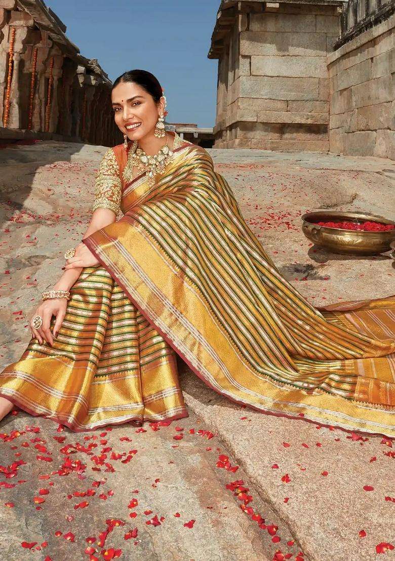 Multi Colour Handloom Natural Dyed Kanchipuram Udal Pettu Revival Silk Saree With Buttas And Brocade Design For Women - Indya