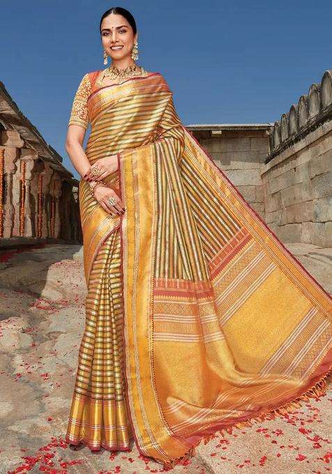 Multi Colour Handloom Natural Dyed Kanchipuram Udal Pettu Revival Silk Saree With Buttas And Brocade Design For Women