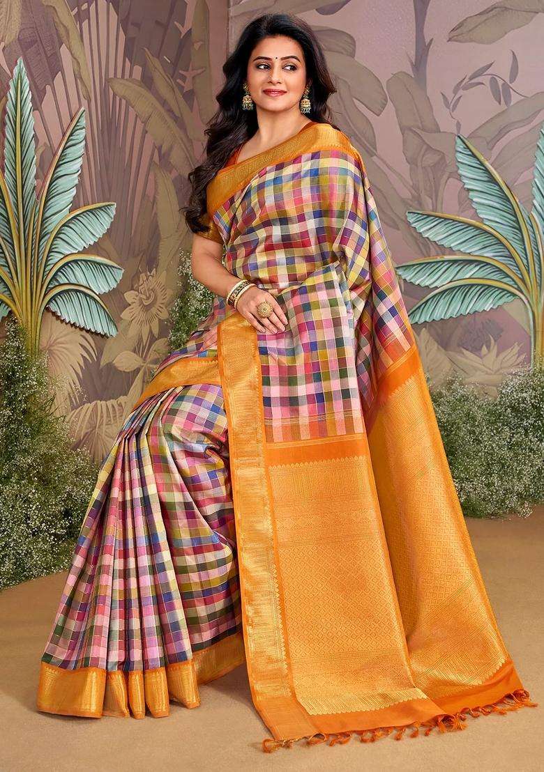 Multi Colour Four Thousand Colour Handloom Natural Dyed Korvai Silk Saree With Korvai And Temple Border Design For Women - Indya