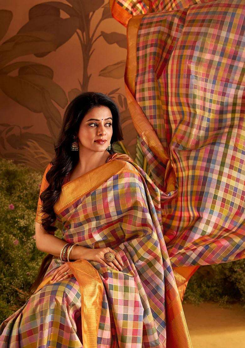 Multi Colour Four Thousand Colour Handloom Natural Dyed Korvai Silk Saree With Korvai And Temple Border Design For Women - Indya