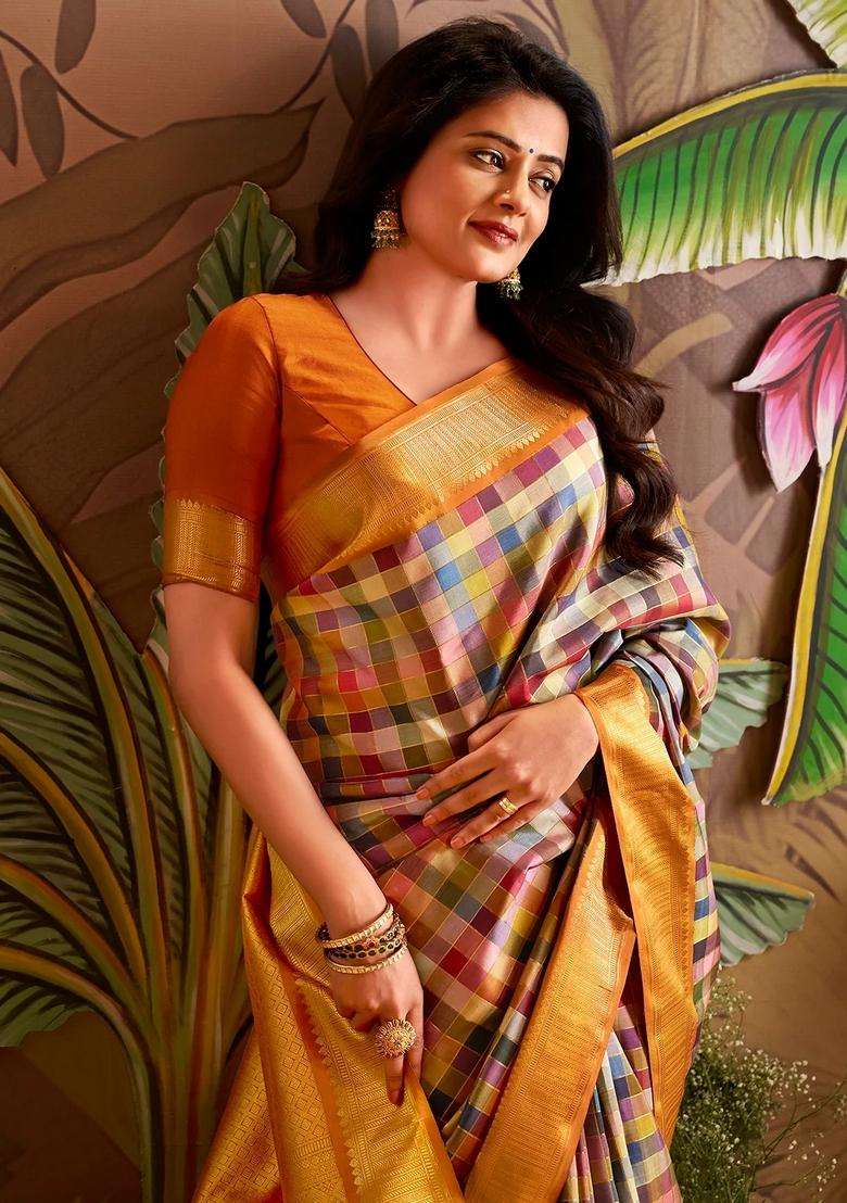 Multi Colour Four Thousand Colour Handloom Natural Dyed Korvai Silk Saree With Korvai And Temple Border Design For Women - Indya