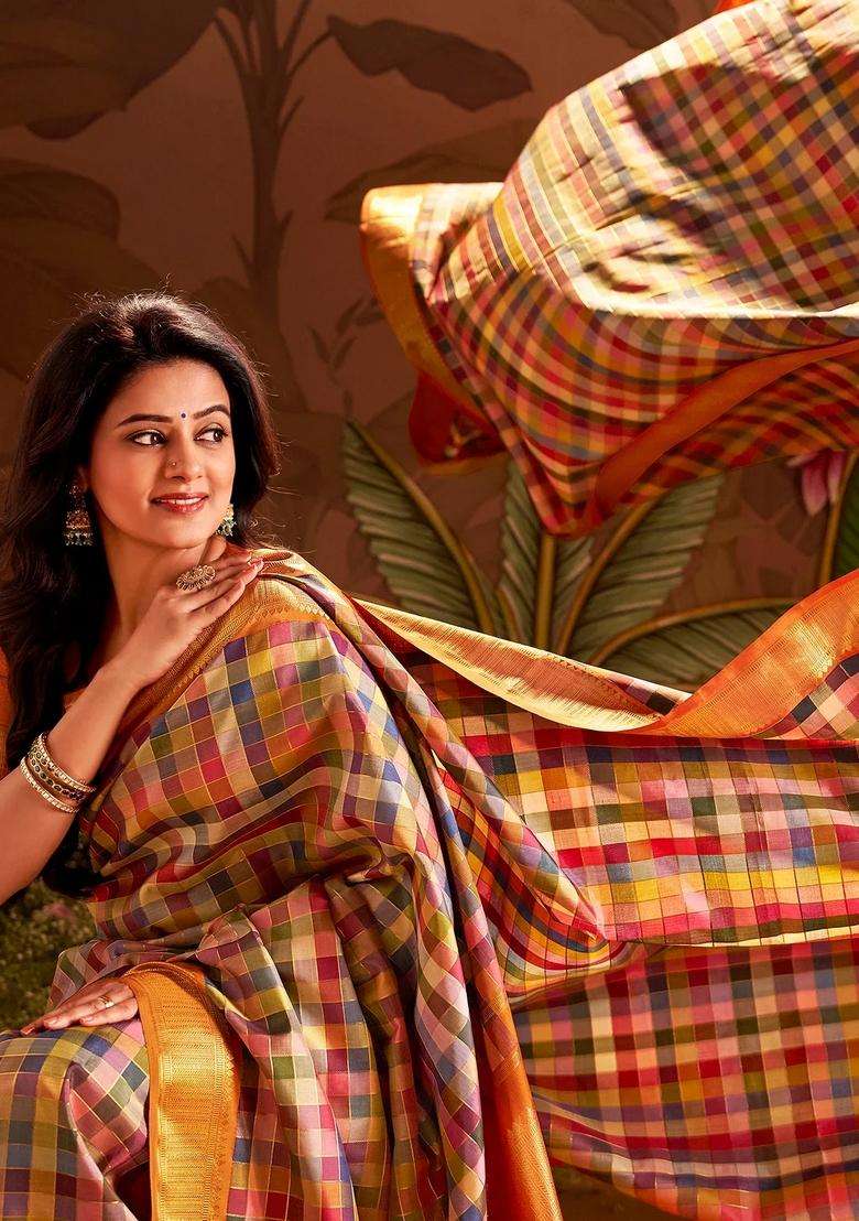Multi Colour Four Thousand Colour Handloom Natural Dyed Korvai Silk Saree With Korvai And Temple Border Design For Women - Indya