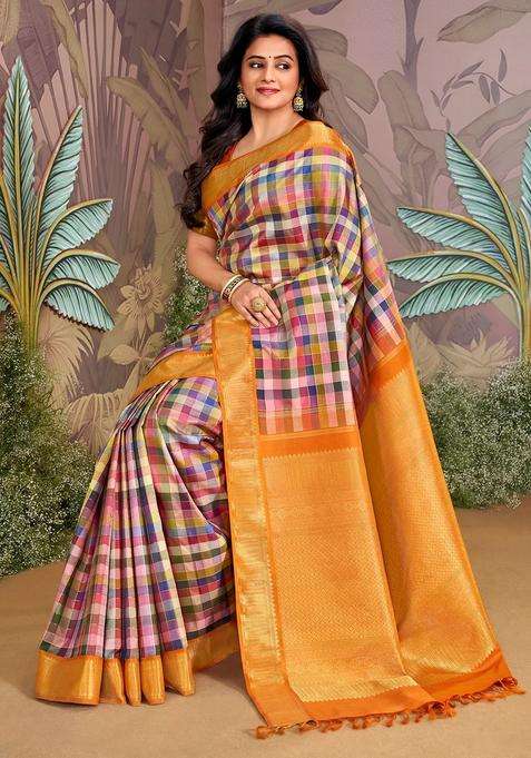 Multi Colour Four Thousand Colour Handloom Natural Dyed Korvai Silk Saree With Korvai And Temple Border Design For Women