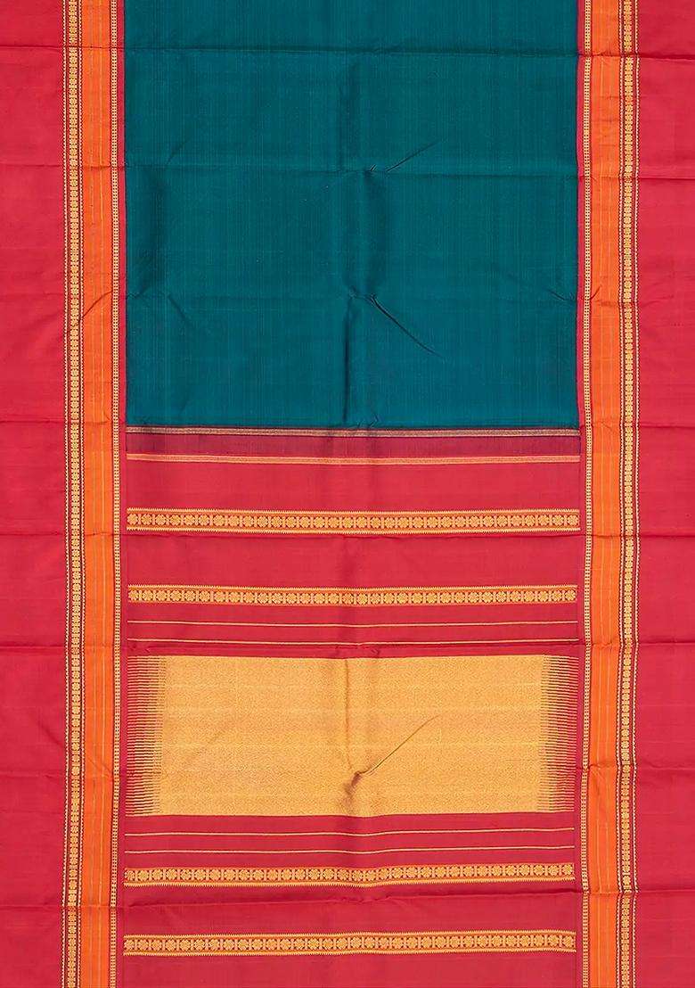 Green Viridian Handloom Korvai Silk Saree With Contrast Crimson Border With Korvai And Temple Border Design For Women - Indya