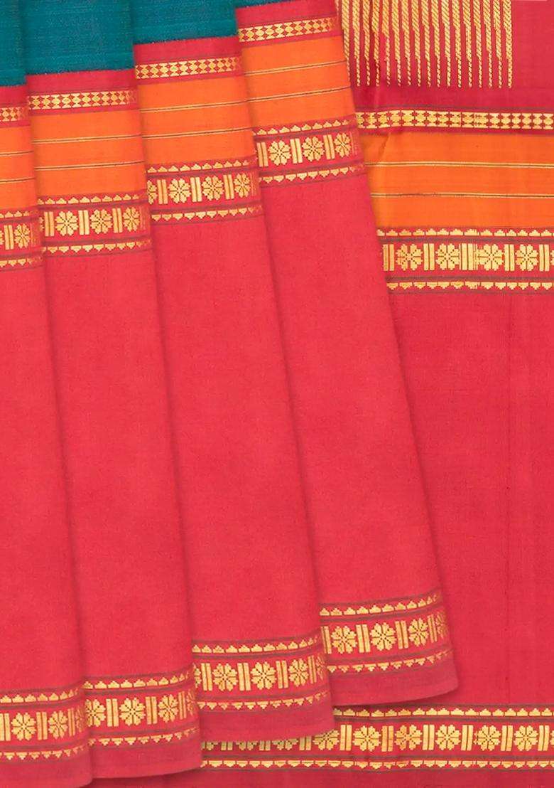 Green Viridian Handloom Korvai Silk Saree With Contrast Crimson Border With Korvai And Temple Border Design For Women - Indya