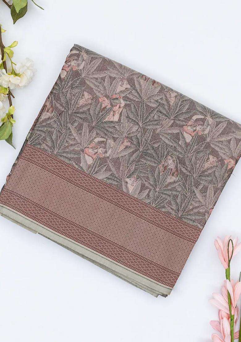 Grey Handloom Banarasi Silk Saree With Floral Motifs With Buttas And Brocade Design For Women - Indya