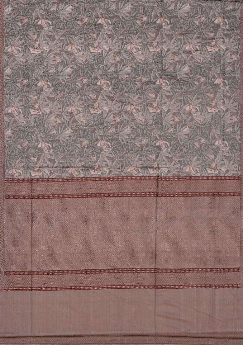 Grey Handloom Banarasi Silk Saree With Floral Motifs With Buttas And Brocade Design For Women - Indya