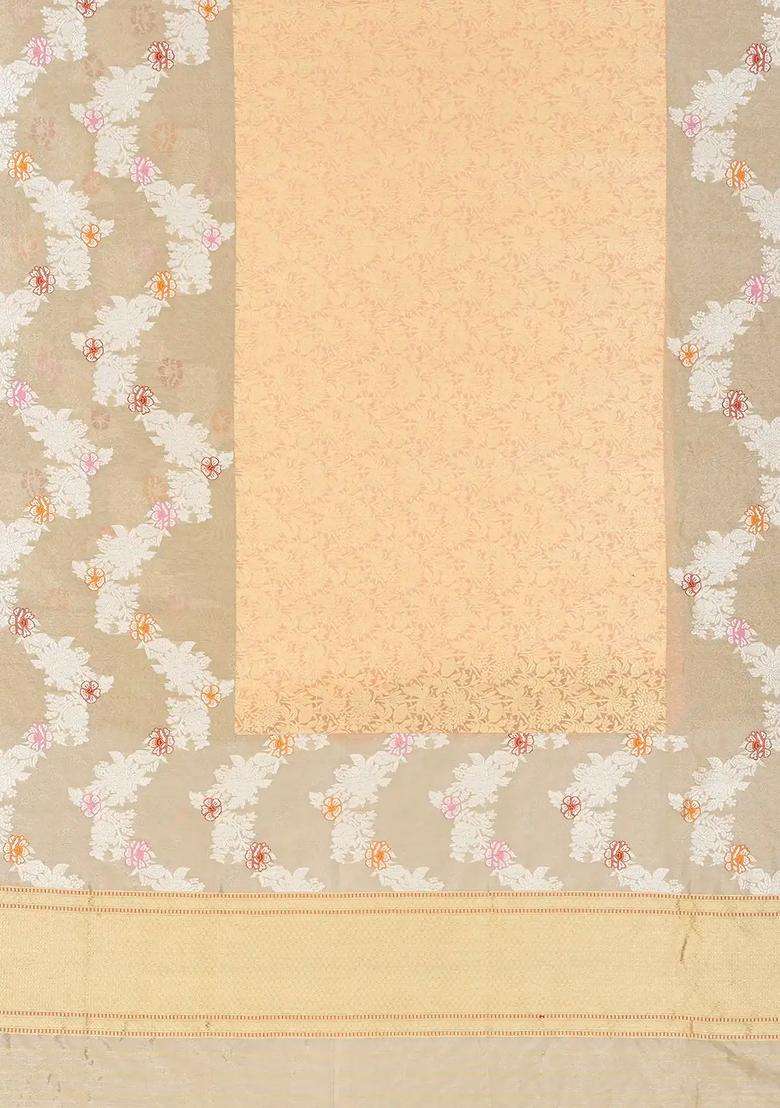 Beige Handloom Banarasi Silk Saree With Floral Jaal Motifs With Buttas And Brocade Design For Women - Indya