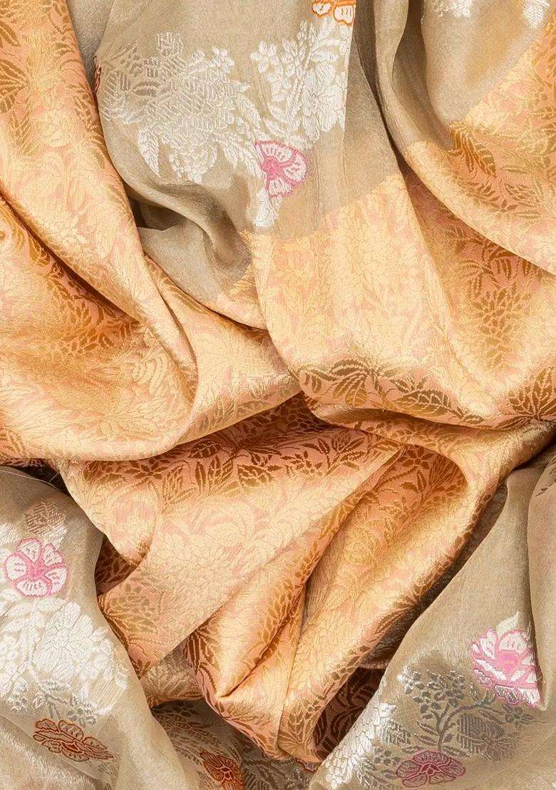 Beige Handloom Banarasi Silk Saree With Floral Jaal Motifs With Buttas And Brocade Design For Women - Indya