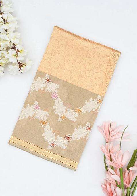 Beige Handloom Banarasi Silk Saree With Floral Jaal Motifs With Buttas And Brocade Design For Women
