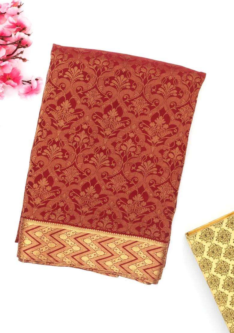 Maroon Handwoven Banarasi Georgette Silk Saree With Floral Motifs With Buttas And Brocade Design For Women - Indya