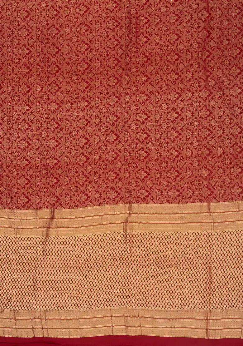 Maroon Handwoven Banarasi Georgette Silk Saree With Floral Motifs With Buttas And Brocade Design For Women - Indya