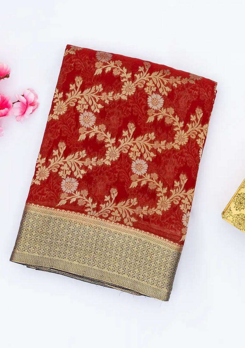 Crimson Handwoven Banarasi Georgette Silk Saree With Floral Jaal Motifs With Buttas And Brocade Design For Women - Indya