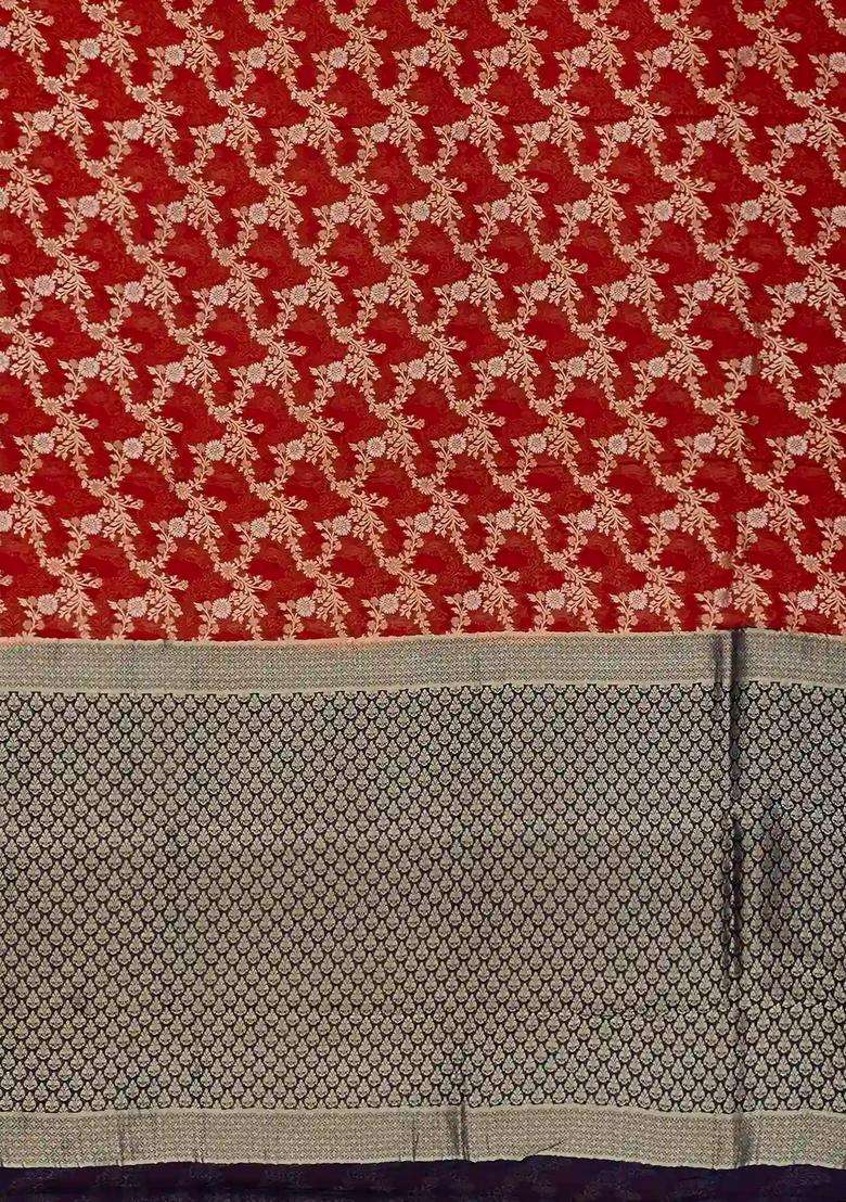 Crimson Handwoven Banarasi Georgette Silk Saree With Floral Jaal Motifs With Buttas And Brocade Design For Women - Indya