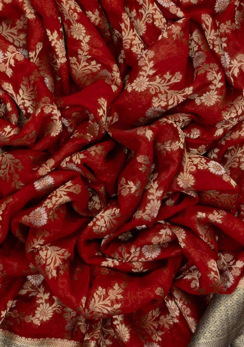 Crimson Handwoven Banarasi Georgette Silk Saree With Floral Jaal Motifs With Buttas And Brocade Design For Women - Indya