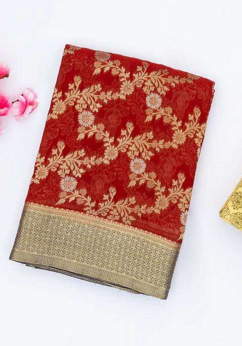 Crimson Handwoven Banarasi Georgette Silk Saree With Floral Jaal Motifs With Buttas And Brocade Design For Women