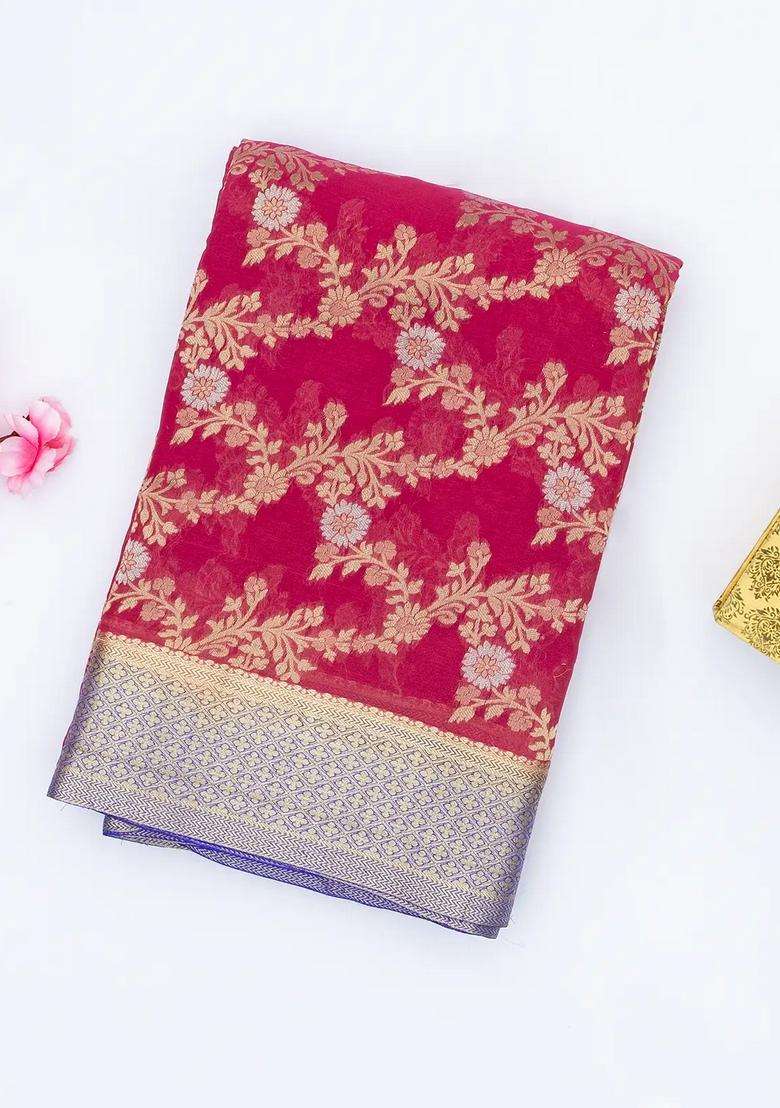 Pink Handwoven Banarasi Georgette Silk Saree With Floral Jaal Motifs With Buttas And Brocade Design For Women - Indya