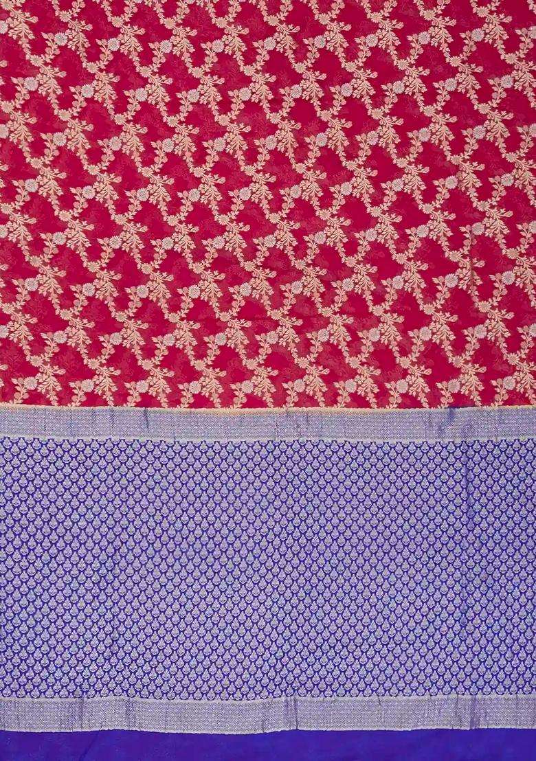 Pink Handwoven Banarasi Georgette Silk Saree With Floral Jaal Motifs With Buttas And Brocade Design For Women - Indya