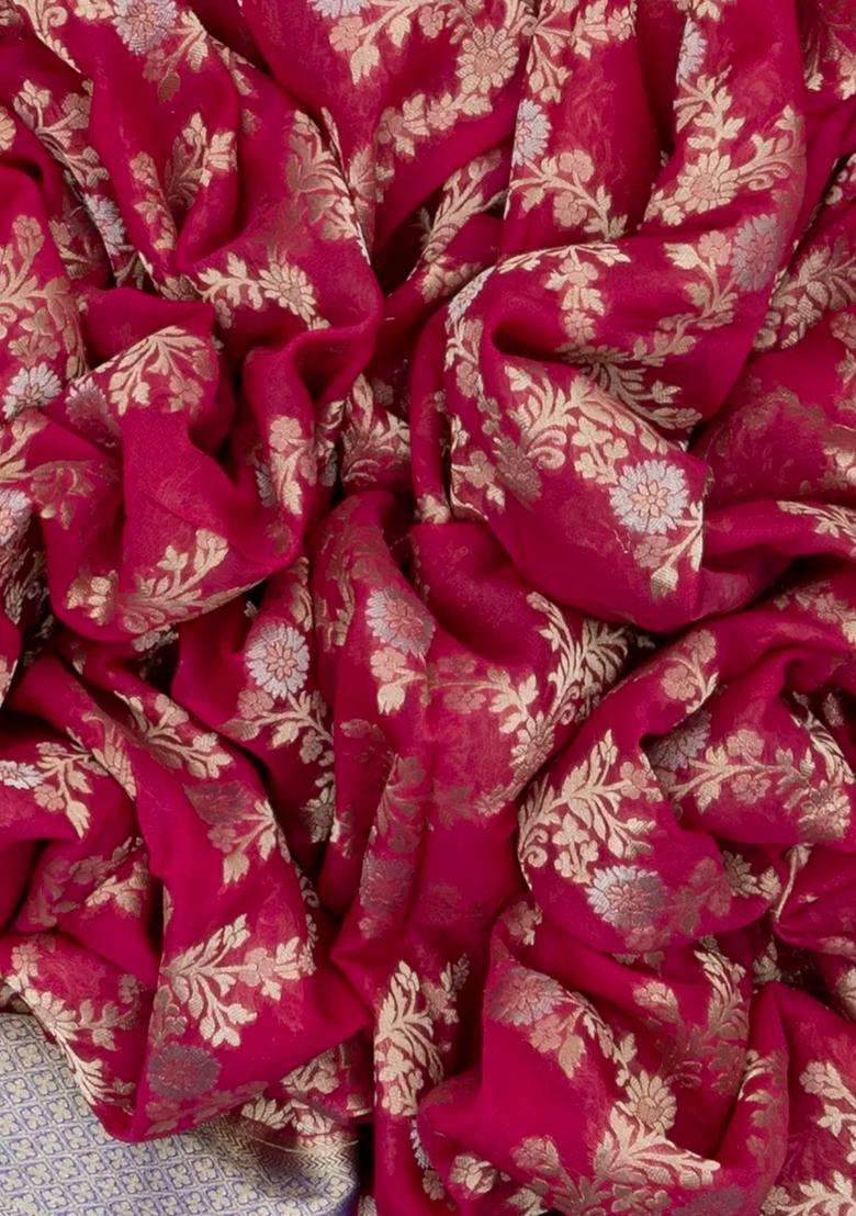 Pink Handwoven Banarasi Georgette Silk Saree With Floral Jaal Motifs With Buttas And Brocade Design For Women - Indya