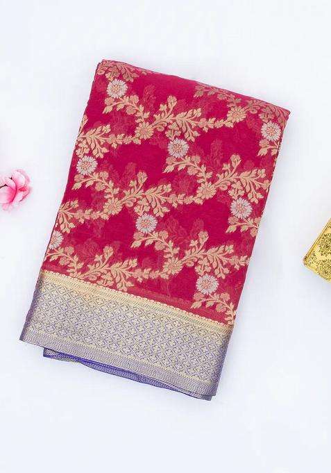 Pink Handwoven Banarasi Georgette Silk Saree With Floral Jaal Motifs With Buttas And Brocade Design For Women